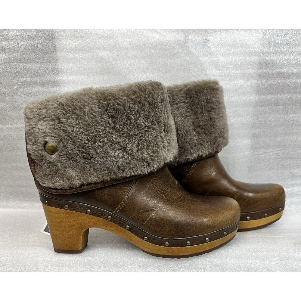 UGG Australia Lynnea Brown Leather Sheepskin‎ Clog Ankle Boots Size 6 - Picture 3 of 10